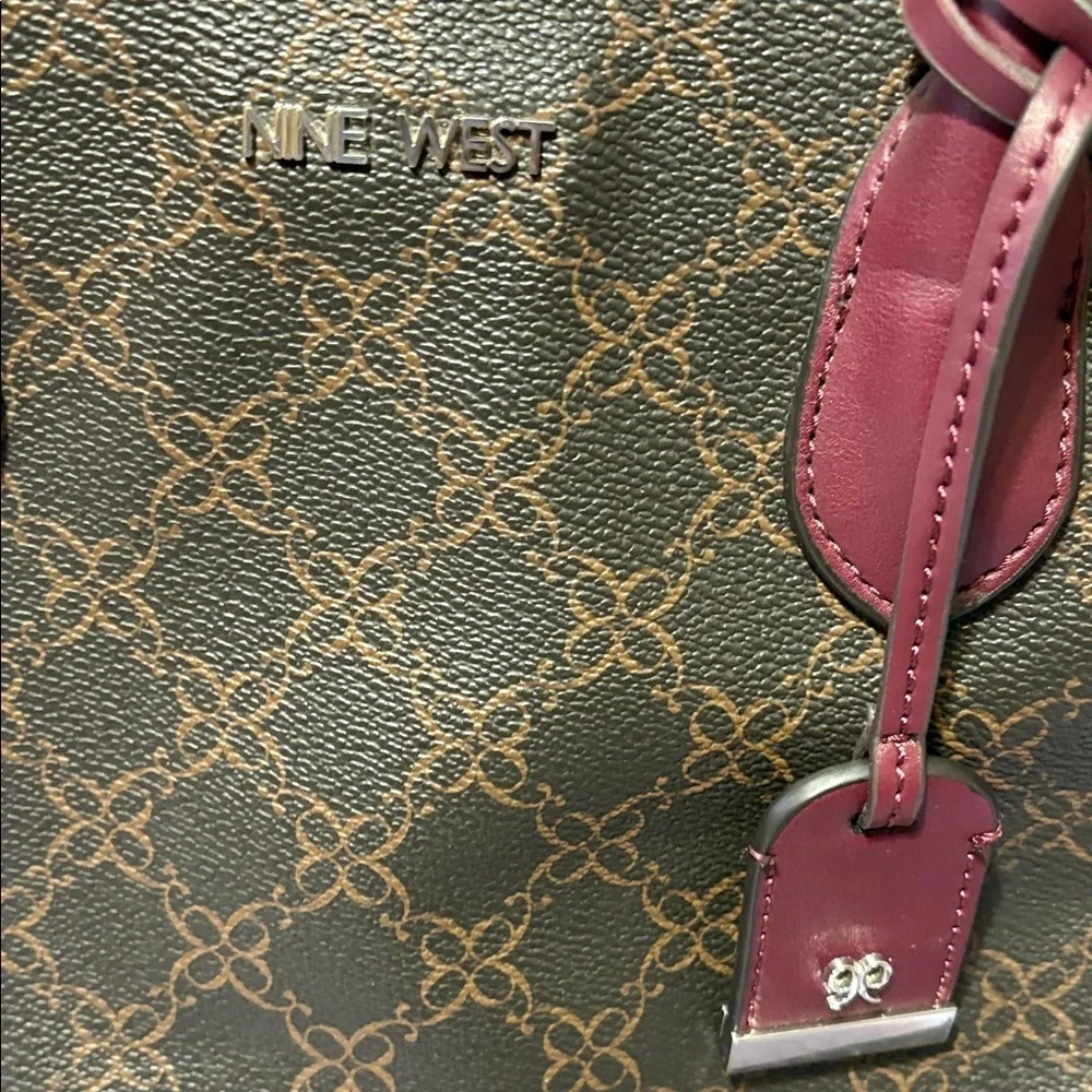 Nine West Burgundy & Brown Monogram Satchel – Faux Leather Crossbody Bag